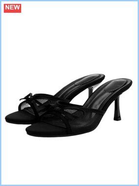 Kitten Heel Bow Mesh Sandals Open Toe Slip On Low Heel Mule